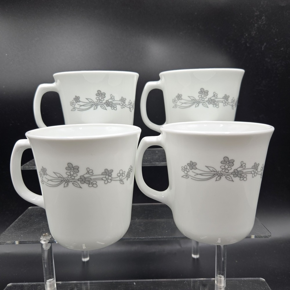VTG Corelle Corning Gray Floral Ribbon Bouquet Coffee Mug Tea Cup Set Grannycore